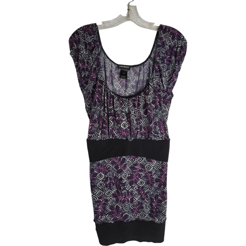 Lane Bryant Womens Purple & Black Patterned  blouse Tie Waist 14/16 Scoop Neclk‎
